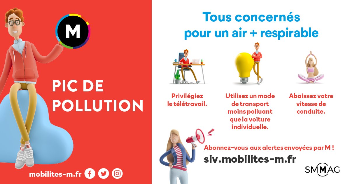 mobilites_m's tweet image. ⚠️PIC DE POLLUTION
A compter du 12 août, le niveau &quot;Information-recommandations&quot; de la procédure préfectorale est activé sur l&apos;aire grenobloise. Pensez marche, vélo, trottinette, train, bus, tram, car et covoiturage.
🪢Abonnez-vous aux alertes : siv.mobilites-m.fr