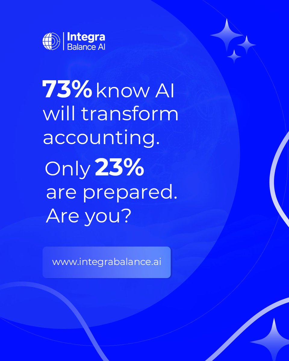IntegraBalance's tweet image. 73% of accountants believe AI will revolutionize the profession in 5 yrs—only 23% are acting now.

✅ Take our 2-min AI Readiness Check: score, gaps, quick wins &amp;amp; roadmap.

👉 integrabalance.ai/ai-readiness-c…
#AccountingAI #BookkeepingAI #AIforAccountants #AIinAccounting