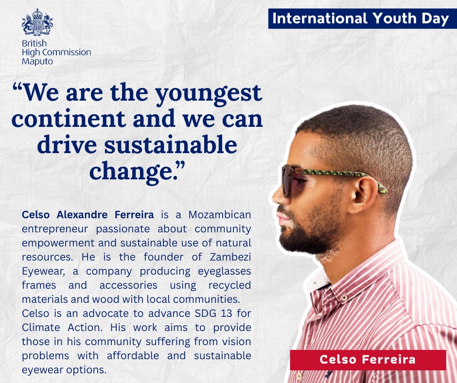 UKinMozambique's tweet photo. Celso Ferreira is a 32-year-old entrepreneur from Maputo. He founded Zambezi Eyewear, crafting sustainable eyeglass frames from Mozambican wood, handmade by local artisans.
We are celebrating his contribution to advance #SDG13 - Climate Action while strengthening local economies. https://t.co/uG0acZ1dq6
