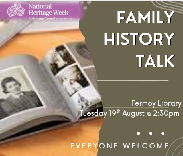 corkcolibrary's tweet image. It’s almost National Heritage Week!
Are you interested in tracing your family tree?
Have you no ideas on how to start?

Come along to #FermoyLibrary, meet our Local Studies staff &amp;amp; learn how to begin your family history journey.

Everyone Welcome.  No booking required.

@Corkcoco…