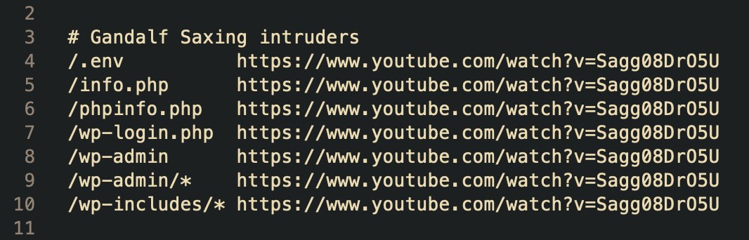 _lhermann's tweet image. Still my favorite set of redirects. So many &quot;hackers&quot; probe these basic wordpress routes. Always nice to give them a pleasant distraction 😄