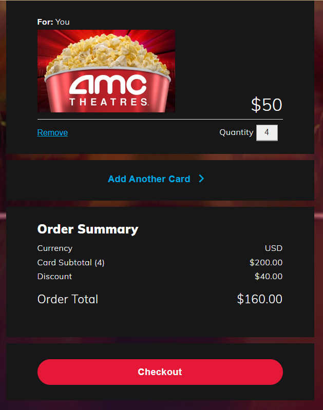 MakeAMCStronger's tweet photo. #AMC $AMC - $200 worth AMC Gift Cards only for $160. YOU read that right. YOU pay 20% less money, when you are buying $50 AMC gift card TODAY ONLY. I got my 4 AMC gift card $50 each. Are YOU buying AMC Gift cards today?

@AMCTheatres @CEOAdam 

https://t.co/0fTBVPbX9T https://t.co/fvn0PstzRl