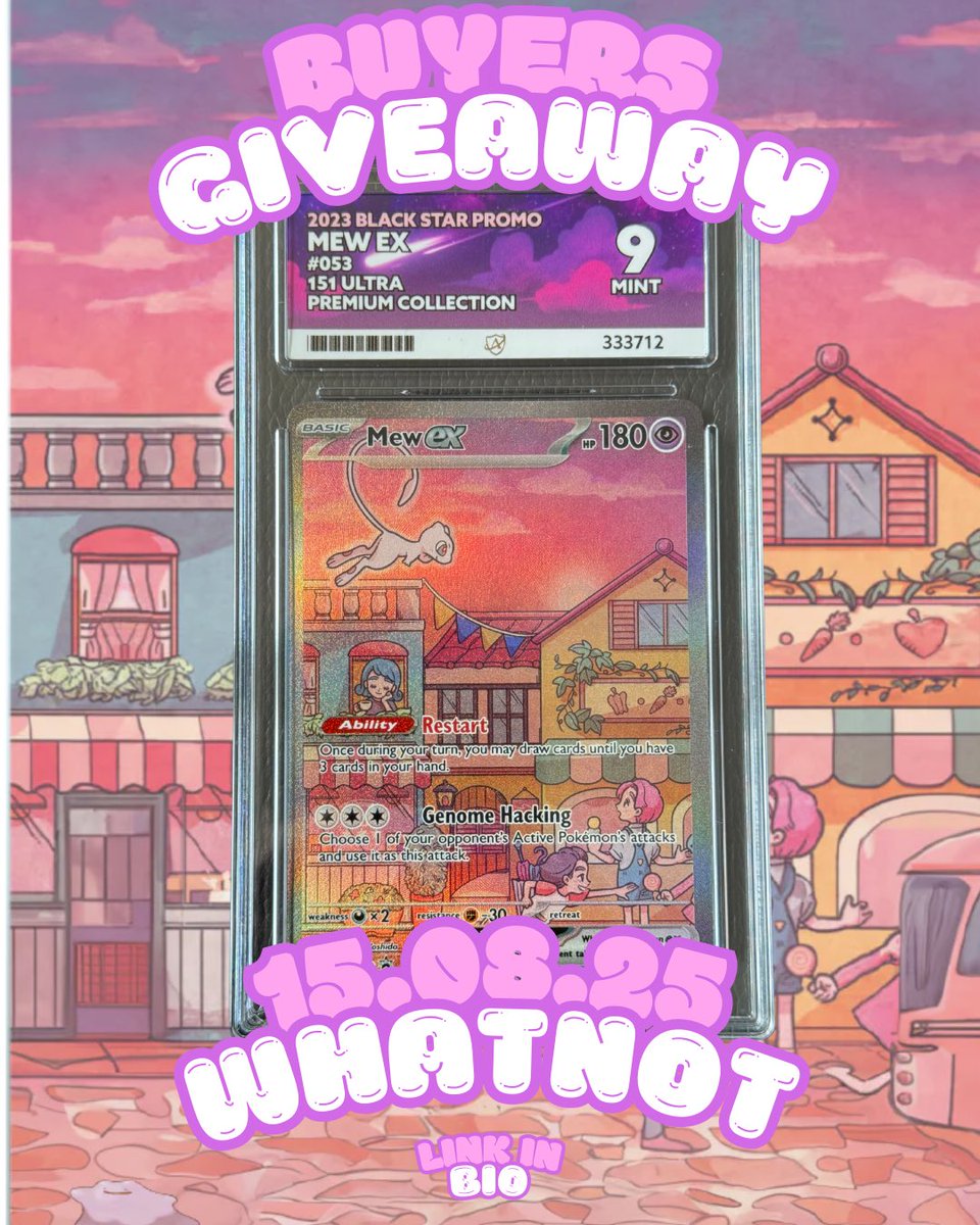 🚨 GIVEAWAY ALERT 🚨

Win this stunning ACE 9 Mew with the matching ACE label! 😍✨

📅 This Friday on our Whatnot LIVE
✅ Follow us now
🔔 Turn on notifications
🛒 Every buyer during the stream = automatic entry!

One lucky collector’s taking it home! 🏆🔥
#PokemonTCG #giveaway