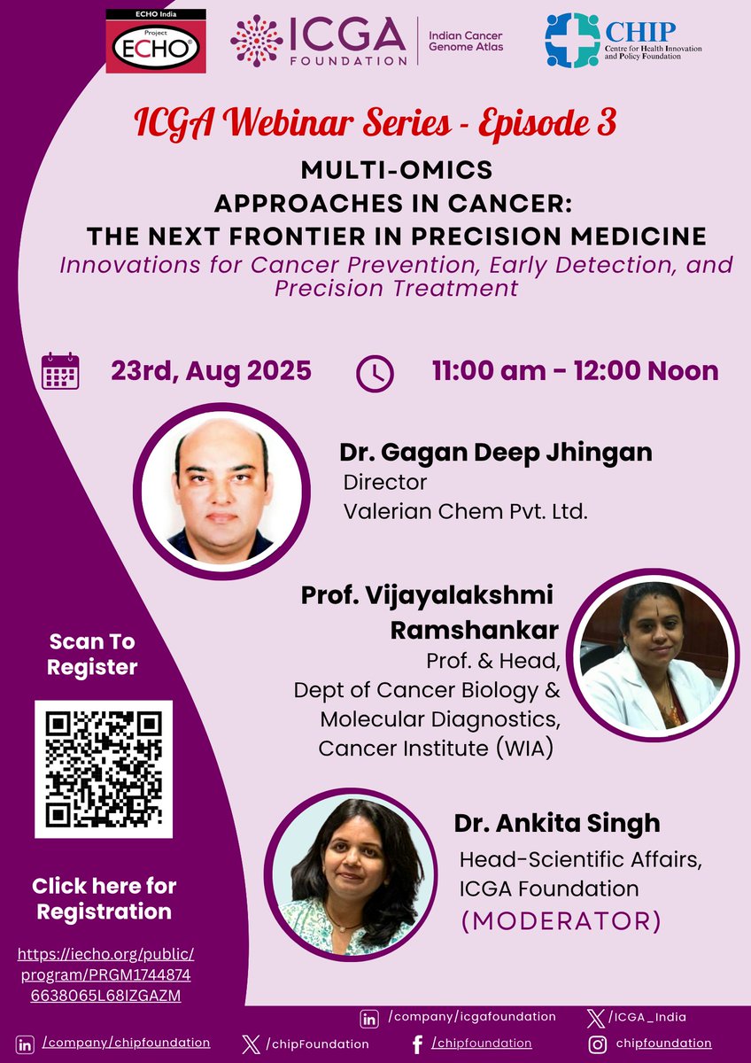 CHIP Foundation India (@chipfoundation) on Twitter photo 🎙️ Episode 3: Multi-Omics Approaches in Cancer – The Next Frontier in Precision Medicine
🗓️ 23 Aug | 🕚 11 PM IST | 🌐 Zoom
With Dr. Gagan Deep Jhingan & Prof. Vijayalakshmi Ramshankar | Mod: Dr. Ankita Singh
🔗 iecho.org/public/program…
#MultiOmics #CancerCare <a href="/ICGA_India/">ICGA Foundation</a> 🎙️ Episode 3: Multi-Omics Approaches in Cancer – The Next Frontier in Precision Medicine
🗓️ 23 Aug | 🕚 11 PM IST | 🌐 Zoom
With Dr. Gagan Deep Jhingan & Prof. Vijayalakshmi Ramshankar | Mod: Dr. Ankita Singh
🔗 iecho.org/public/program…
#MultiOmics #CancerCare <a href="/ICGA_India/">ICGA Foundation</a>