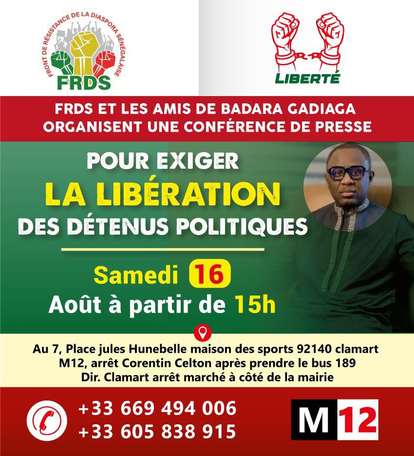 bobel_s's tweet image. 📢 Rappel &amp;amp; mobilisation
Ce samedi 16 août à 15h, conférence de presse à Clamart 🇸🇳✊
📍 7, Place Jules Hunebelle – Maison des sports
➡️ Exigeons la libération des détenus politiques ! Liberté &amp;amp; justice pour tous.
#FRDS et les amis de #BadaraGadiaga #Sénégal