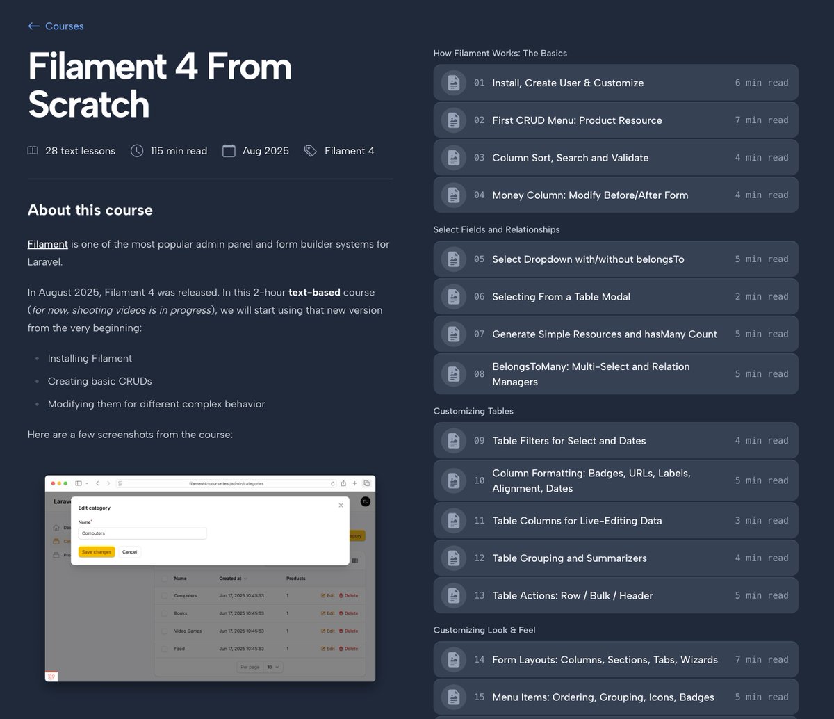 Filament v4 is officially stable &amp; LIVE!

Feature overview: filamentphp.com/content/leandr…

Also, with that, on Laravel Daily, we've just released the course "Filament 4 from scratch"! laraveldaily.com/course/filamen…