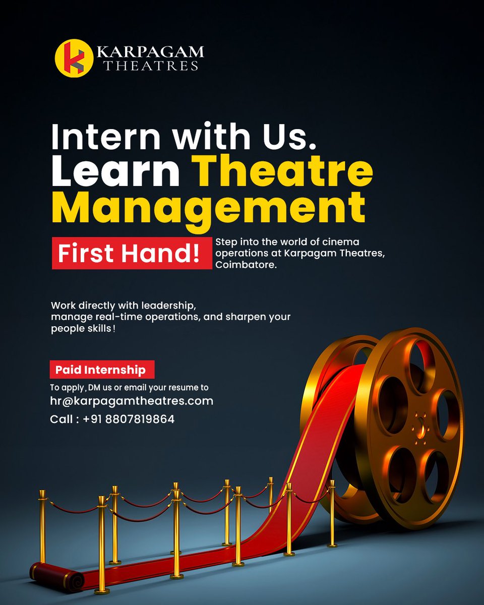 KarpagamTheatre's tweet photo. Step into the operations side of cinema @KarpagamTheatre with an internship that builds both knowledge and confidence. Work with the MD’s office, run theatre operations , manage teams and learn leadership from the inside. If hands-on management excites you, this is your shot🙌🏻 https://t.co/OsYRpR2KfJ