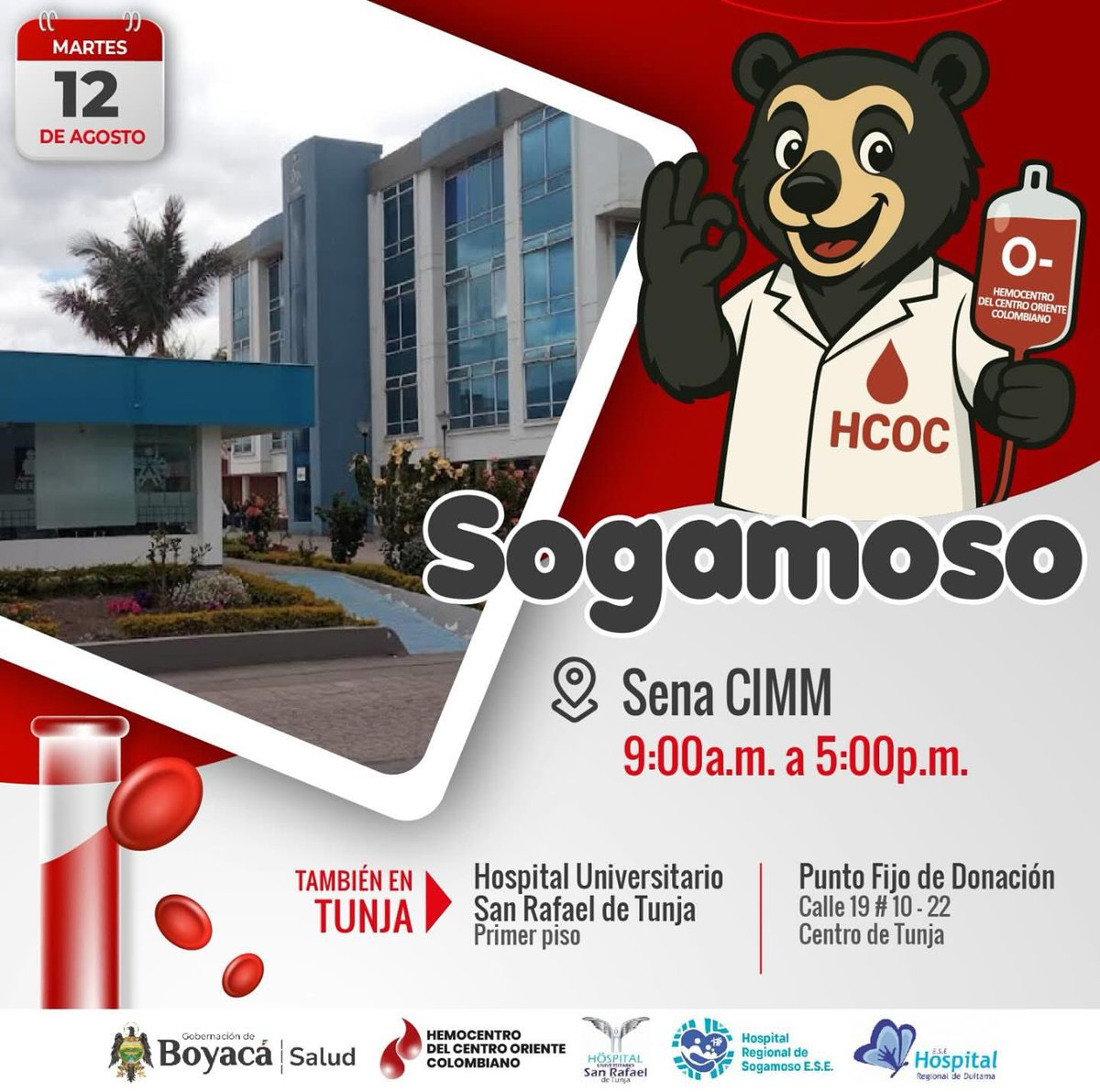 🩸 ¡Sogamoso dona vida! 🩸
Hoy, 11 de agosto, dona sangre en Sena CIMM 🕘 9 a.m.–5 p.m.

✅ +18 años, +50 kg, documento en mano
✅ Comer antes, sin antibióticos, hipertensión o diabetes

💉 Una donación salva hasta 3 vidas ❤️
#DonaSangre #SalvaVidas #ActoDeAmor