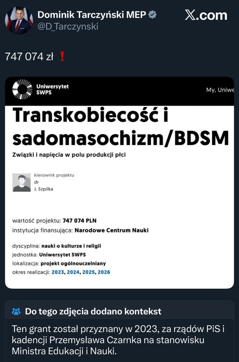 Ivy Karsky 🖤 (@lacraa6) on Twitter photo Dominik Tarczyński, chcąc zrobić prezesowi dobrze, zamieścił taki wpis, "myśląc" że uderzy nim w KO.. Jednak kiedy został wyjaśniony i okazało się, że grant ten został przyznany w 2023 jeszcze za rządu PiS..boCHatersko wpis usunął..🤭 I co .<a href="/D_Tarczynski/">Dominik Tarczyński MEP</a>..znów poszło Ci jak qrvie Dominik Tarczyński, chcąc zrobić prezesowi dobrze, zamieścił taki wpis, "myśląc" że uderzy nim w KO.. Jednak kiedy został wyjaśniony i okazało się, że grant ten został przyznany w 2023 jeszcze za rządu PiS..boCHatersko wpis usunął..🤭 I co .<a href="/D_Tarczynski/">Dominik Tarczyński MEP</a>..znów poszło Ci jak qrvie