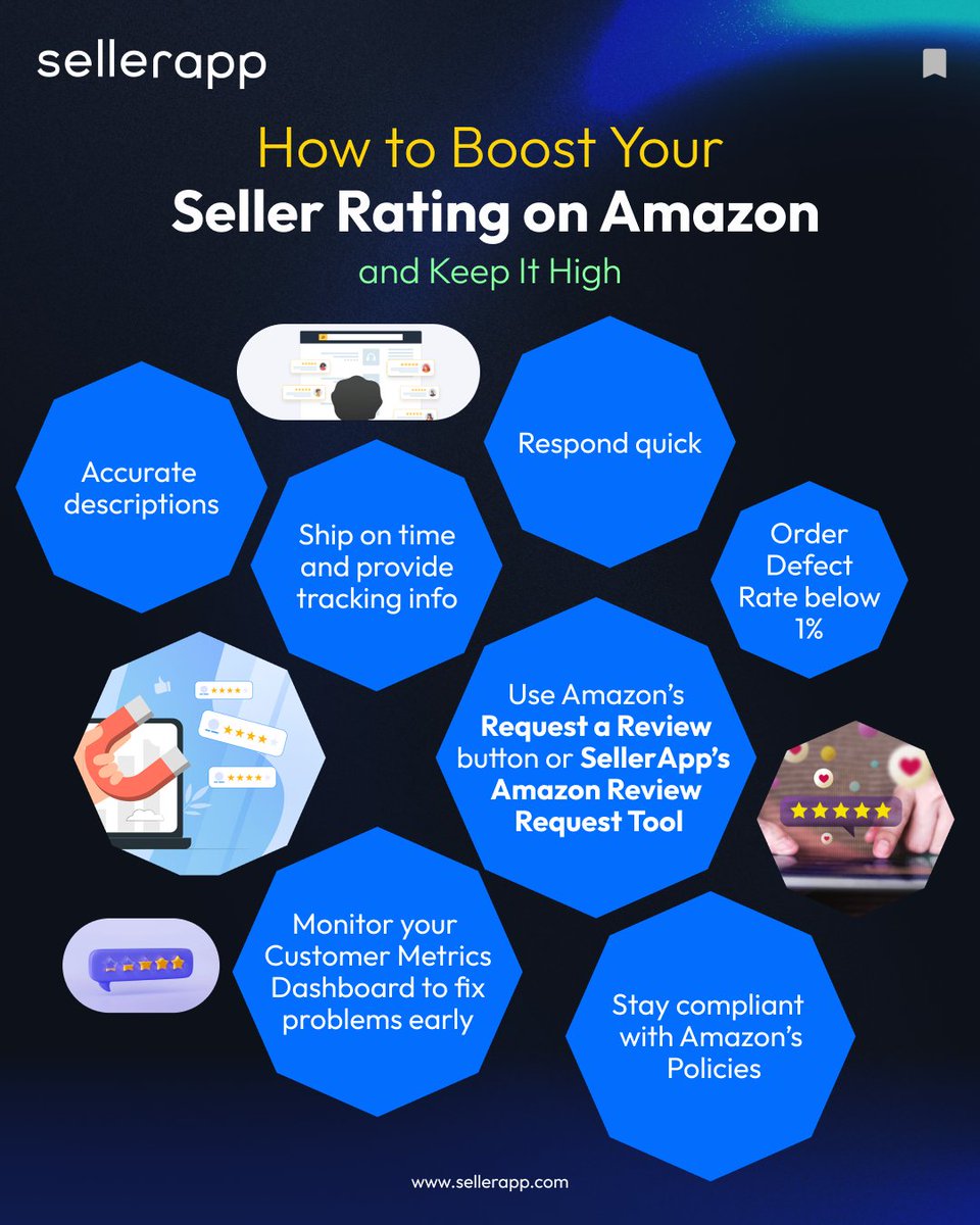 Your Amazon seller rating is your trust badge &amp; growth engine. Keep it high with ✅ clear listings, 🚚 on-time shipping, 💬 quick replies, 📉 low defect rate, ⭐ proactive reviews &amp; 📜 policy compliance. Drop = less visibility &amp; sales. What’s your top tip? 

#AmazonSelling