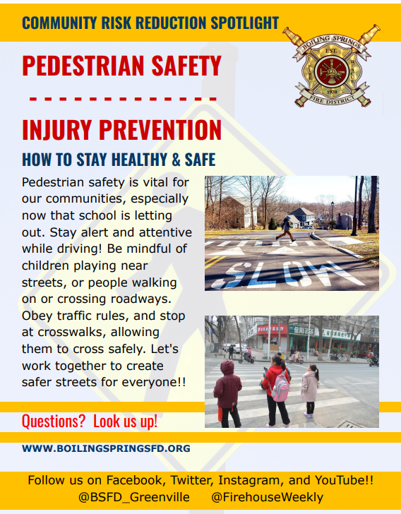 School’s back! Kids are walking, crossing streets, and heading home from bus stops.

• Slow down near schools
• Stop at crosswalks
• Stay alert - kids can be unpredictable
• Avoid distractions (PHONES)

Let's help them get home safe!
#CommunityRiskReduction <a href="/BSFD_Greenville/">Boiling Springs Fire District</a>