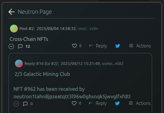 Cross-chain NFT tracker 👇: <a href="/Galactic_Mining/">Galactic Mining Club🏴‍☠️🫡</a>  - <a href="/osmosiszone/">Osmosis 🧪</a> -&gt; <a href="/neutron_org/">Neutron 🔀</a> 

Target Tracker:
app.replyfi.xyz/neutron-1/page…

Source Tracker:
app.replyfi.xyz/osmosis-1/page…