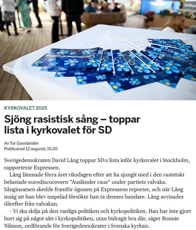 Jag är inte själv medlem i Svenska Kyrkan, men jag tycker det är en anrik, fin och viktig organisation som förtjänar bättre än att behandlas som en elefantkyrkogård för misslyckade SD-politiker. Kom ihåg att rösta i kyrkovalet om du är medlem.
