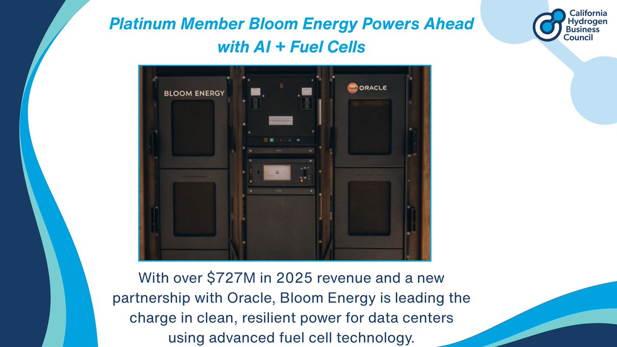 CAHydrogen's tweet photo. Platinum Member @Bloom_Energy is partnering with @Oracle to bring #solidoxide #fuelcells to energy intensive #datacenters. As AI and cloud demand surge, their grid-independent tech offers clean, reliable power in high-demand regions.
🔗 https://t.co/riBF5LRofB
#CaliforniaHydrogen https://t.co/r3YlCZdvoP