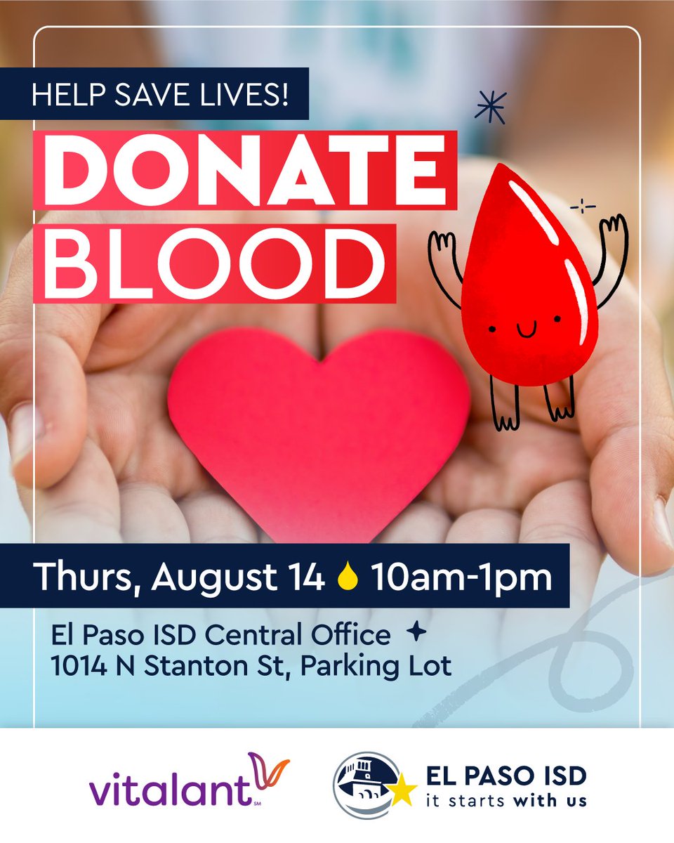 🌟This Thursday! Donate blood and save lives! 🌟🫀

🗓️ Thursday, August 14
⏰ 10am-1pm
🏫 EPISD Central Office
📍 1014 N Stanton St, Parking Lot

✅ Get a chick-fil-a gift card &amp; pizza!
REGISTER ➡️ bit.ly/BD_081425