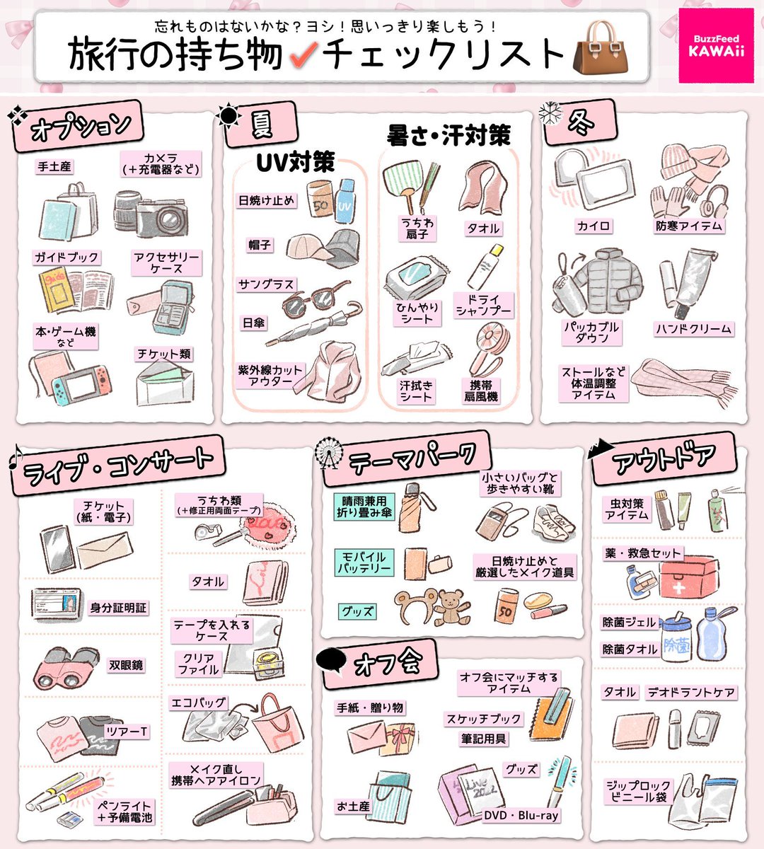 BuzzFeedKawaii's tweet photo. お盆の帰省や旅行、イベント前にチェックしたい✏️✅

【旅行の荷物チェックリスト】をです👝 https://t.co/G9AlQB1Fnc