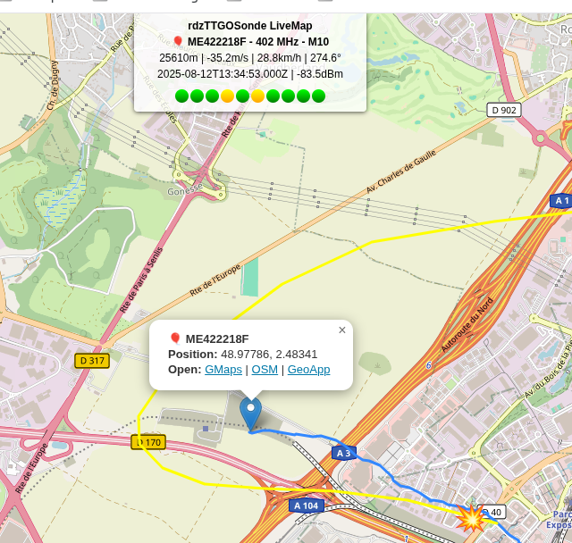 Deux fois par jour, le site de <a href="/meteofrance/">Météo-France</a> à Trappes lance une sonde météo. Nous sommes beaucoup à les écouter et à transmettre les données. Une fois le ballon éclaté la sonde descend à grande vitesse avant qu'un parachute la freine
