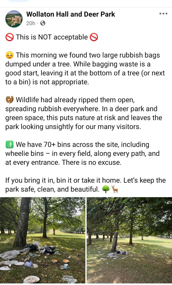 Nottingham's Wollaton Hall and Deer Park asks visitors to please dispose of their rubbish carefully.