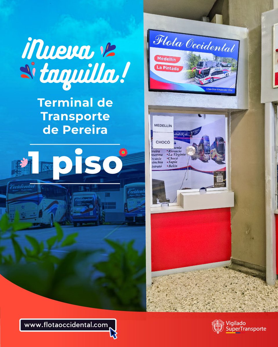 ¡Atención viajeros!  Estamos estrenando taquilla en el 1er piso del Terminal de Transportes de Pereira para brindarte un servicio más ágil y cómodo. 🙌

✅ Ubicación: 1er Piso
✅ ¿Qué puedes hacer aquí?: Compra de tiquetes a todos nuestros destinos.
#Pereira #TerminalDePereira
