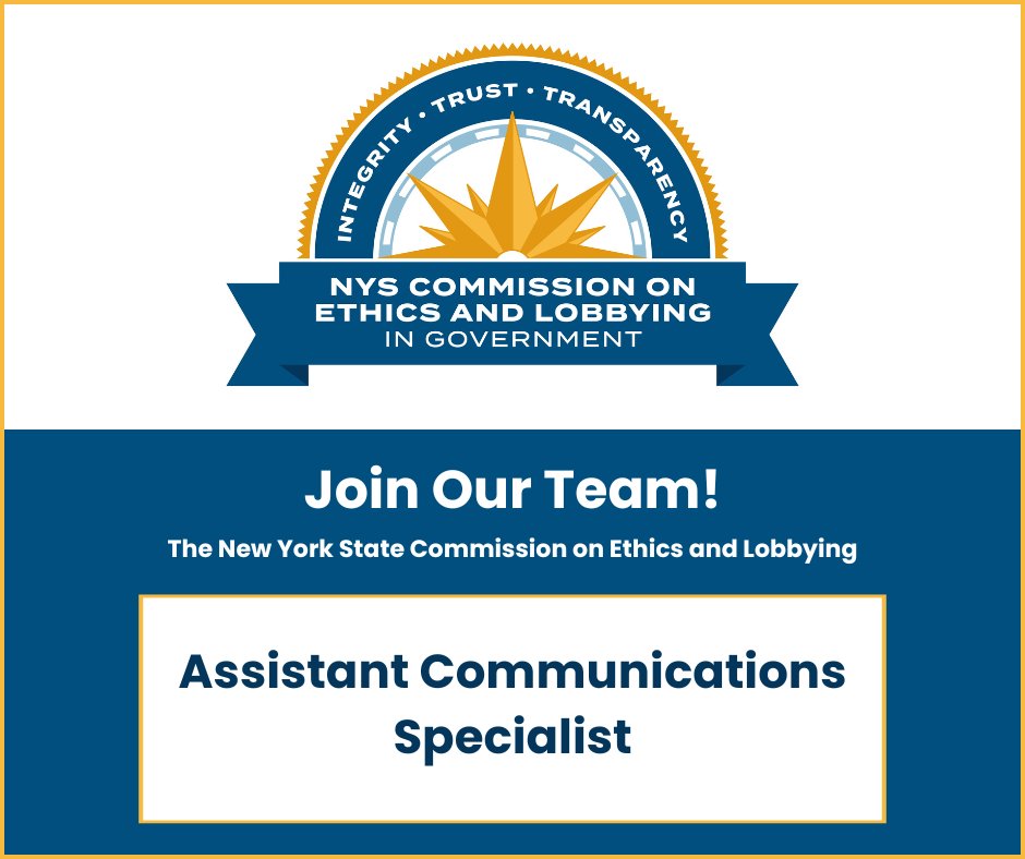 #ICYMI: COELIG’s Communications and Public Information Division is seeking qualified candidates for the following position: Assistant Communications Specialist. Learn more and view a full list of employment opportunities: ethics.ny.gov/employment-opp…