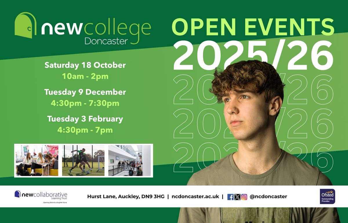 Going into Y11 this year? Then it's time to save the dates for our open events. 📆

Come along to discover the wide-selection of A levels and Level 3 Applied General qualifications we offer in our bright, modern campus. 😀

ncdoncaster.ac.uk/open-events