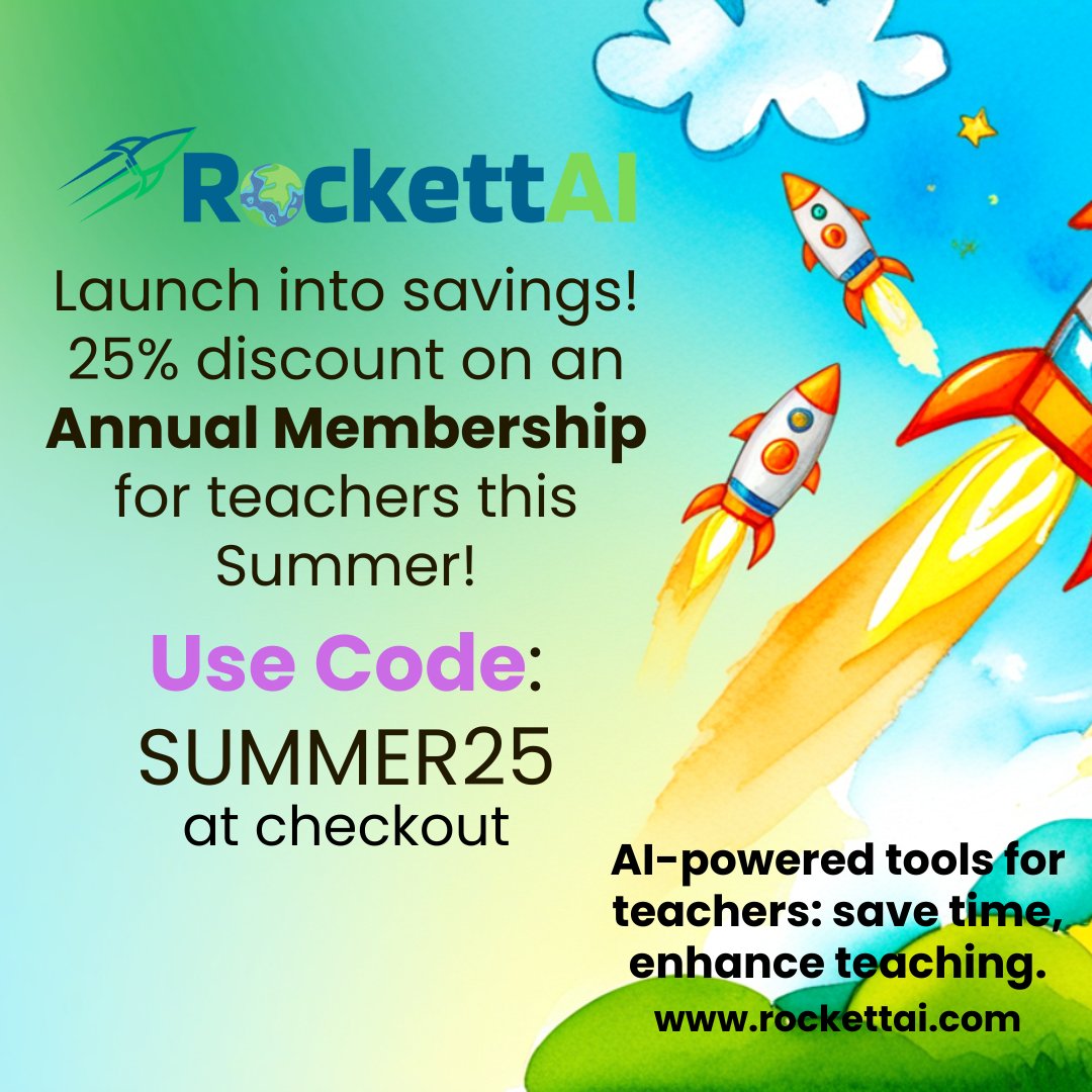 ☀️ Teachers, this is your summer upgrade! ☀️
Save 25% on RockettAI Annual Membership and unlock unlimited AI tools for lesson planning, quizzes, reports, and more.
⏳ Offer ends when summer ends – don’t miss it!
💳 Use code SUMMER25 at checkout
🚀 rockettai.com
