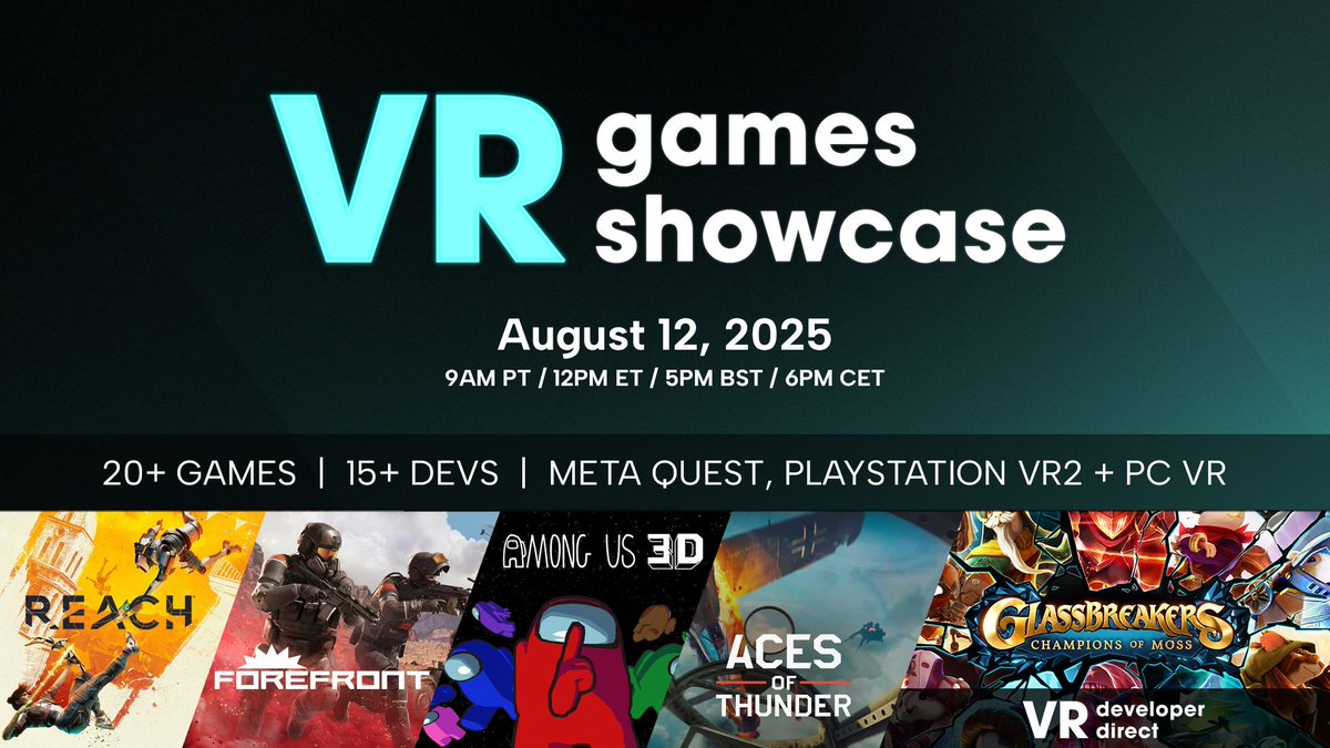 VR Games Showcase (@vrgamesshowcase) on Twitter photo โ VR Games Showcase Is TODAY! Timing Updates โ
๐ฐ๏ธ Countdown @ 8:40am PT
๐ฎ XR Indies @ 8:48am
๐ฅฝ VRGS @ 9:00am
๐ญ Glassbreakers Direct @ 9:38am
Major VR game reveals & updates: buff.ly/5Aeh2uQ
Also on IGN, Gamespot, FGS & with <a href="/BeardoBenjoYT/">Beardo Benjo</a> + <a href="/CasandChary/">Cas and Chary XR</a>! โ VR Games Showcase Is TODAY! Timing Updates โ
๐ฐ๏ธ Countdown @ 8:40am PT
๐ฎ XR Indies @ 8:48am
๐ฅฝ VRGS @ 9:00am
๐ญ Glassbreakers Direct @ 9:38am
Major VR game reveals & updates: buff.ly/5Aeh2uQ
Also on IGN, Gamespot, FGS & with <a href="/BeardoBenjoYT/">Beardo Benjo</a> + <a href="/CasandChary/">Cas and Chary XR</a>!