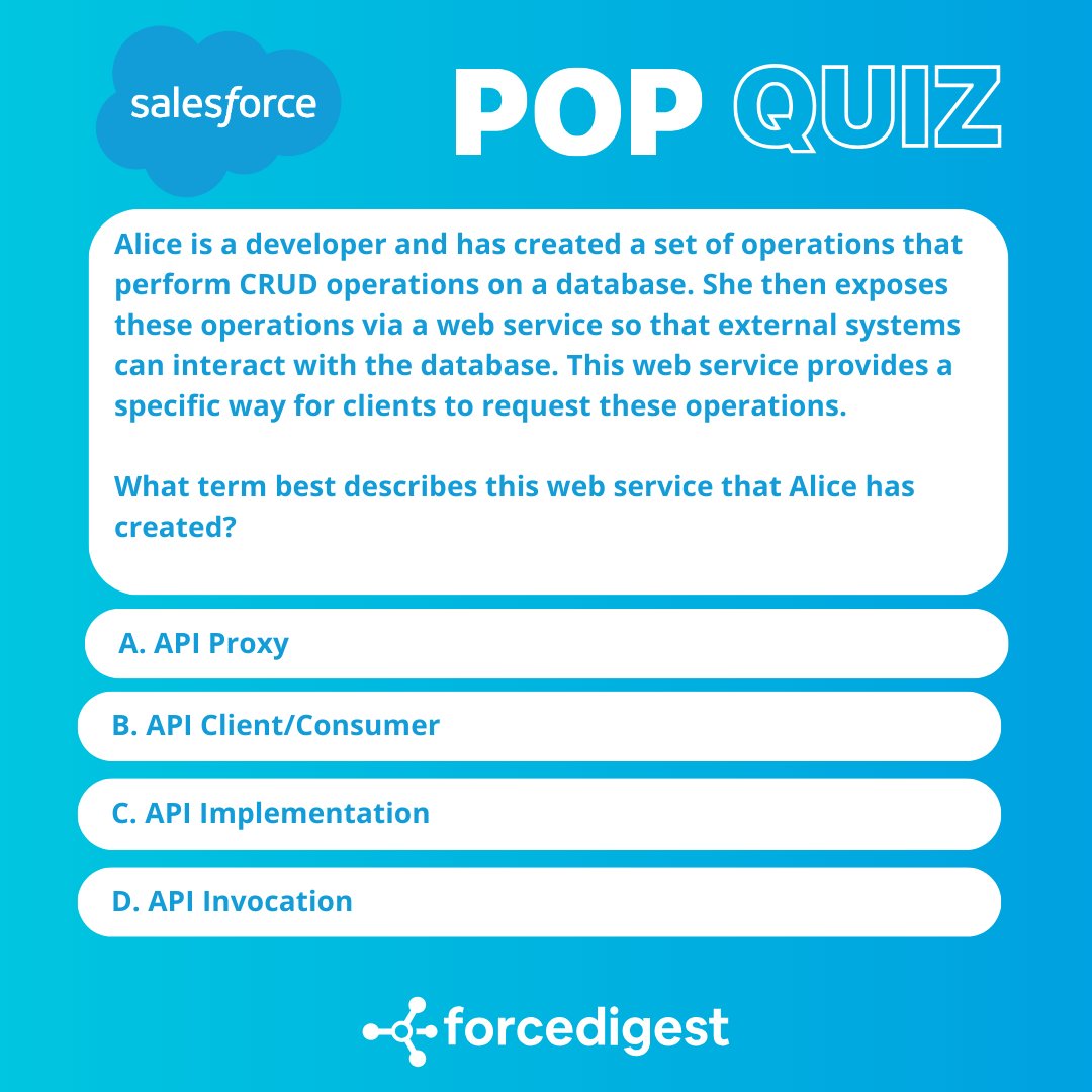 ForceDigest's tweet image. ✨ #ForceDigest Daily Pop Quiz – Salesforce Certified MuleSoft Integration Foundations

#MuleSoftIntegration #SalesforceMuleSoft #MuleSoftCertified #IntegrationSolutions #APIDriven #SalesforceIntegration #DataConnectivity #SystemIntegration #APIAutomation #ConnectedApps