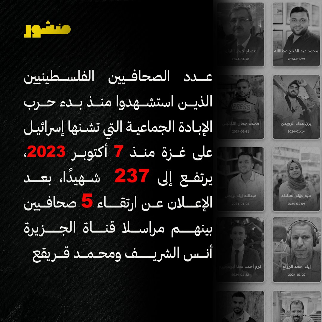 manshoor's tweet photo. أنس الشريف ليس الأول.. مئات الصحافيين سقطوا ضحايا في غزة

• 237 صحافيًا استشهدوا على يد الاحتلال.. منذ 7 أكتوبر 2023