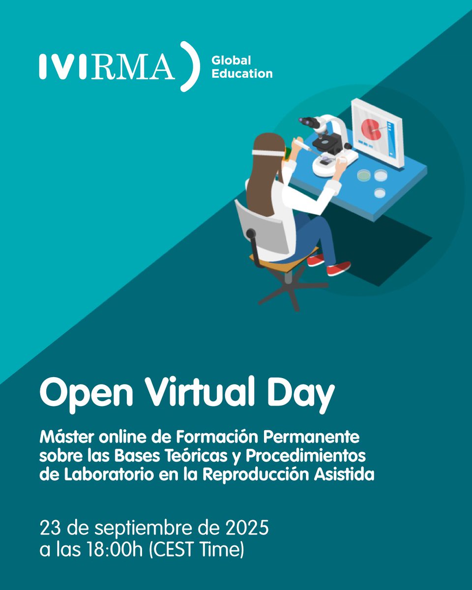 El 23 de septiembre a las 18:00h (hora CEST) celebramos el Open Virtual Day del Máster Online de Formación permanente sobre las Bases Teóricas y Procedimientos de Laboratorio en la Reproducción Asistida de IVI RMA Global Education.

📲 Reserva tu plaza: bit.ly/45kM4aq