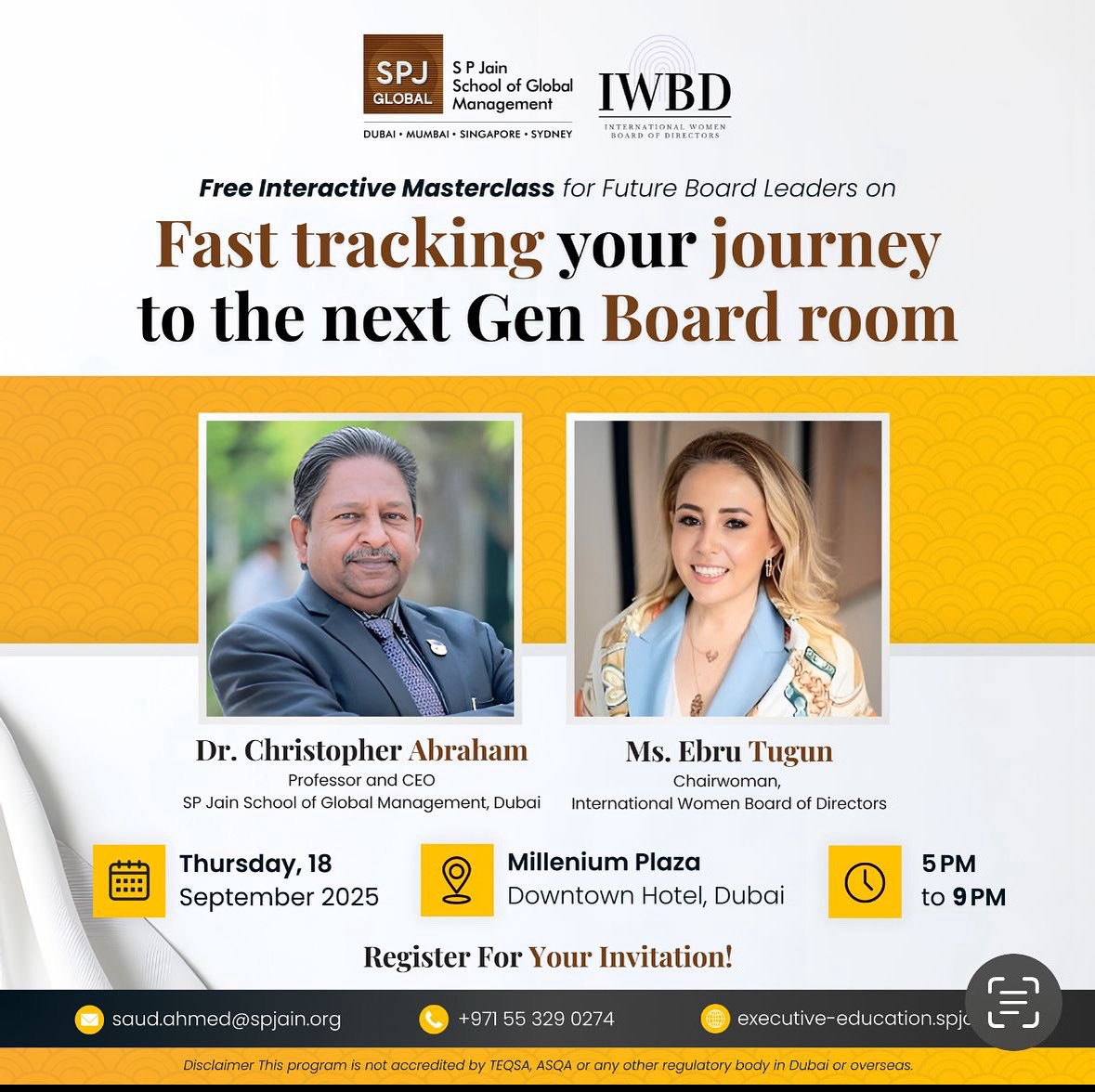 Join us on September 18th in Dubai for an exclusive preview of the Global Board Readiness Certificate program that will start in October. 

Learn more about the program here:
lnkd.in/dPckWqns

#RSVP: Limited seats available. Register here: shorturl.at/XUd1j