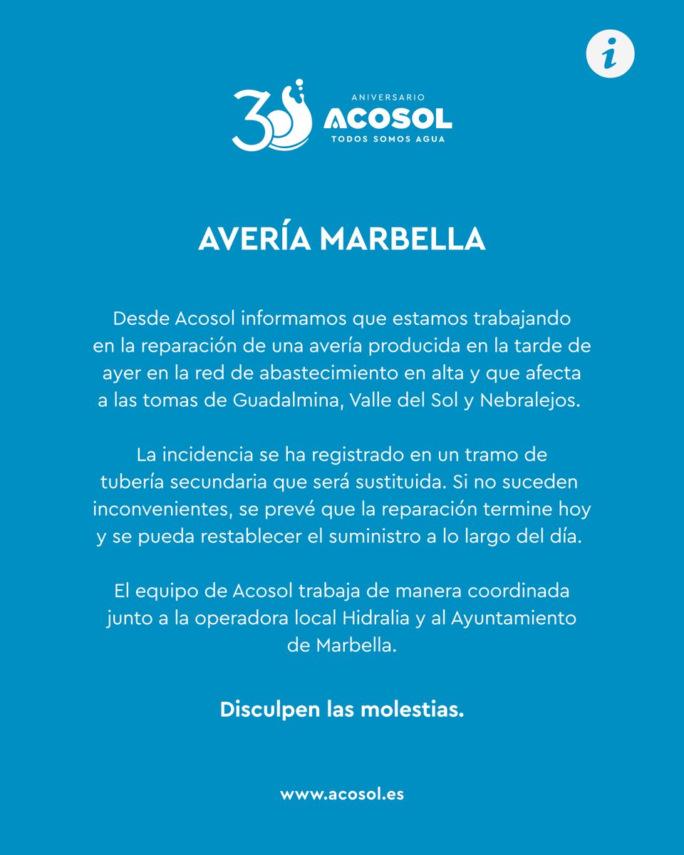 📢 ¡AVISO!

🚧 El equipo de Acosol trabaja en la reparación de una avería en la red de abastecimiento en alta que afecta a Guadalmina, Valle del Sol y Nebralejos, en coordinación con <a href="/InfoHidralia/">Hidralia</a> y el <a href="/Ayto_Marbella/">Ayto. Marbella</a>.

Disculpen las molestias.

#TrabajamosPorTi