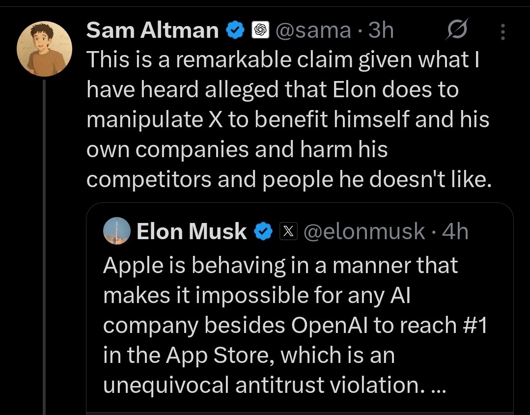ELON CALLS BS ON "SCAM ALTMAN"

Elon called out Sam Altman for whining about “suppression” on X - while pulling millions of views every time he posts.

Elon’s point? If you’re getting stadium-sized engagement, you’re not being silenced. It’s like complaining you’re being