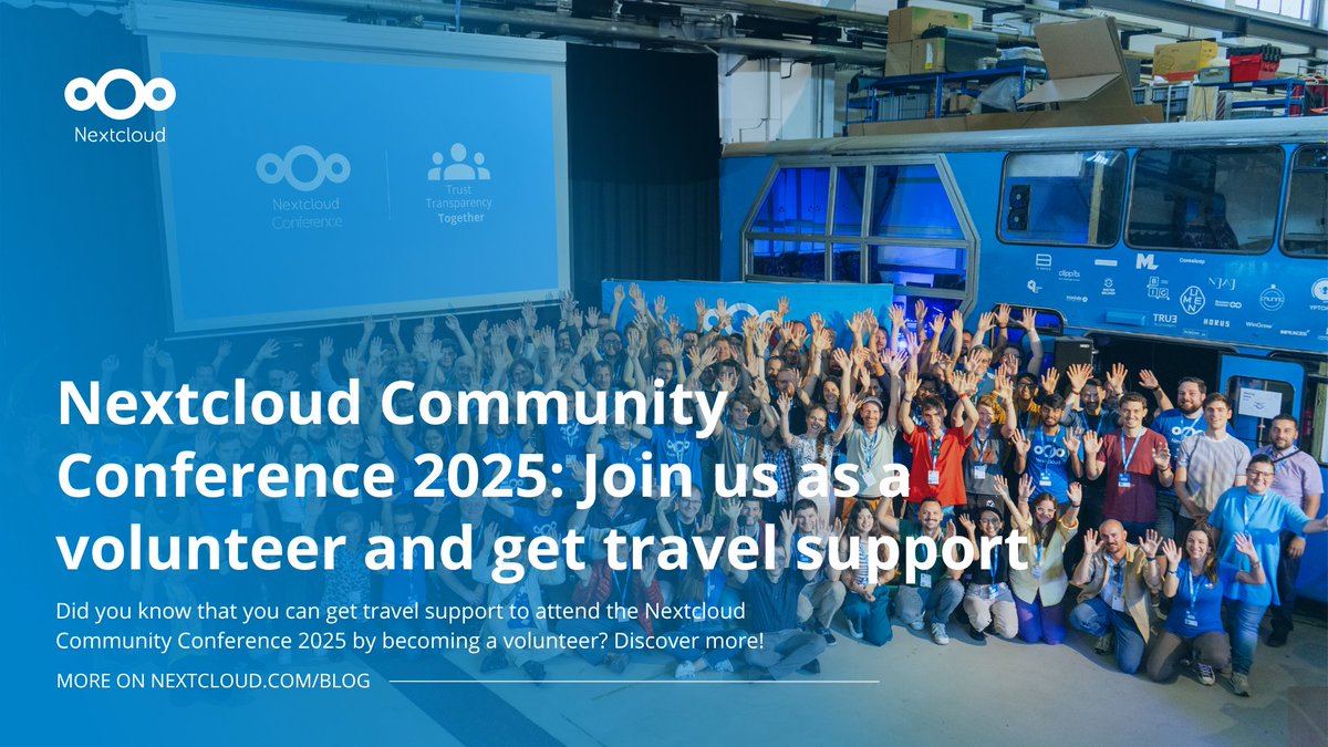 Nextclouders's tweet image. Volunteer at the #Nextcloud Community Conference 2025 in September in Berlin, Germany and get up to 80% travel support!

What's more, at the #NextcloudConf25, you can

✨ Meet amazing people  
✨ Learn &amp;amp; grow  
✨ Develop your skills

Apply now! 👉nextcloud.com/blog/nextcloud…