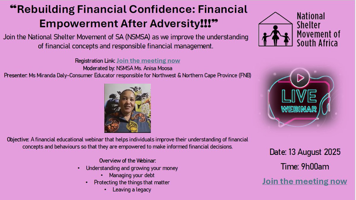 NSMSA_za's tweet photo. JOIN Tomorrow (free): If someone controls your money, they control your choices. It’s time to take that power back. Learn to: 💡 Grow your money💡 Manage debt💡 Protect what matters💡 Leave a legacy

📅 13 Aug 2025 | 09h00
https://t.co/bzH1fRK17T #EndFinancialAbuse #NSMSA https://t.co/VN4fxQ1257