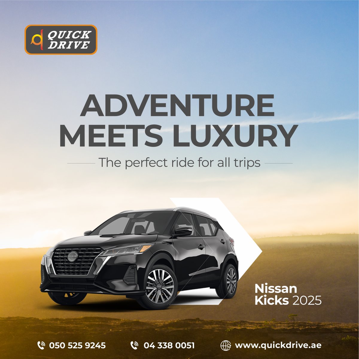 AQuickdrive's tweet image. Adventure meets luxury with the Nissan Kicks 2025 🚗✨ Smooth drives, bold style &amp;amp; comfort await. Rent a Car in Dubai with Quick Drive today!

📞 Call/WhatsApp: +971505259245
🌐 Book online: quickdrive.ae

#RentACarUAE #CarRentalNearMe #QuickDrive #RentACarDubai