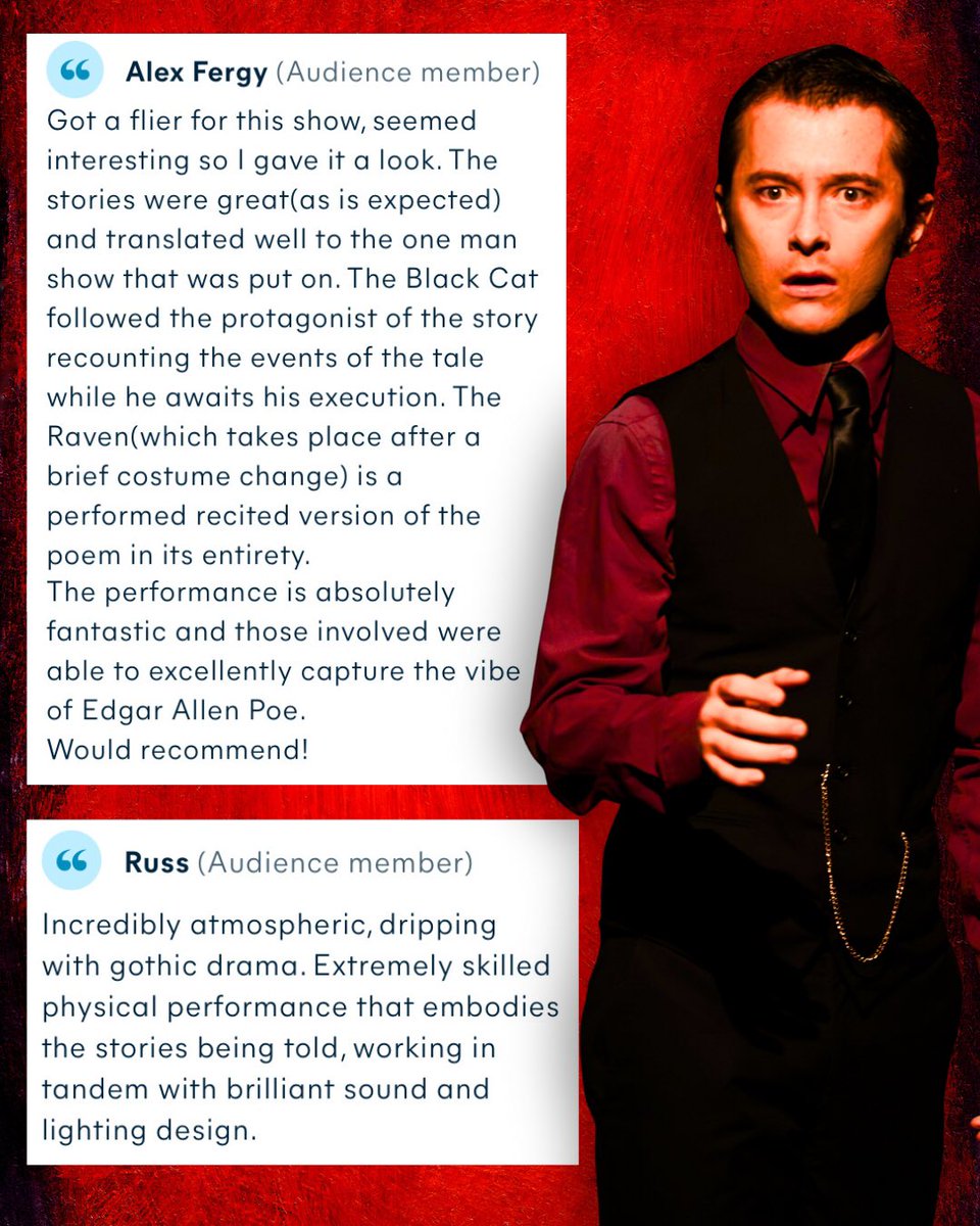 Threedumb Theatre (@3dumbtheatre) on Twitter photo MORE #edfringe audience reviews of #OneManPoe! Thank you one and all 🖤
Tonight’s double-bill of #EdgarAllanPoe features:
• The Black Cat 🐈⬛
• The Raven
18:35 at <a href="/GreensideVenue/">Greenside Venues</a> Riddles Court (Royal Mile)
Join us - if you date!
•
#daretodiscover #poe MORE #edfringe audience reviews of #OneManPoe! Thank you one and all 🖤
Tonight’s double-bill of #EdgarAllanPoe features:
• The Black Cat 🐈⬛
• The Raven
18:35 at <a href="/GreensideVenue/">Greenside Venues</a> Riddles Court (Royal Mile)
Join us - if you date!
•
#daretodiscover #poe