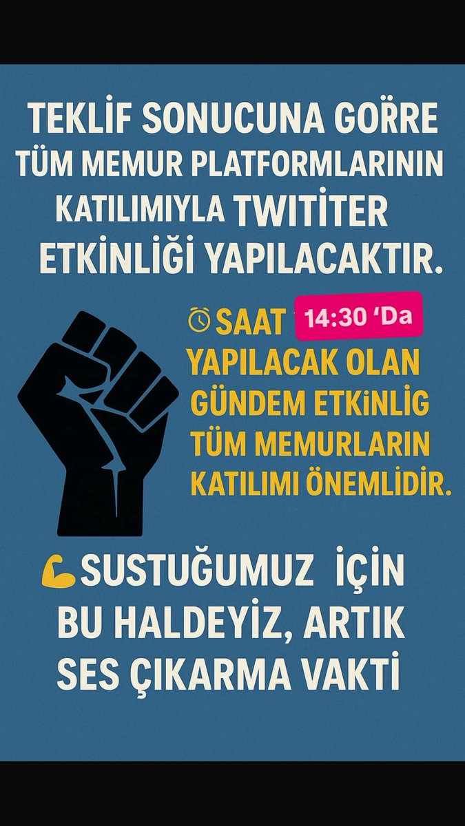 Teklif sonucuna göre saat 14:30’da hastag çalışması yapılacaktır.
Tüm memurları bekliyoruz .
#MemurTeklifBekliyor
<a href="/haber4621/">bulut cerrah</a> <a href="/MemurlarTR/">MEMURLAR TR 🇹🇷</a> <a href="/SGKvhki/">SGKda Bir Memur</a> <a href="/memurlarin_sesi/">MEMURLARIN SESİ</a> <a href="/657HakPlatformu/">657 HAK PLATFORMU</a> <a href="/MemurHaklar/">Memur Hakları</a>
