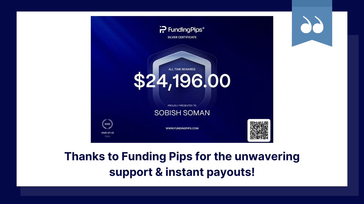 sobish184's tweet image. A big thanks to @fundingpips and CEO @Khldfx for their incredible support and lightning-fast payouts throughout my prop firm challenge journey. 🙌
Honored to have received a total payout of $24,196 with zero delays.
Your trust and transparency mean everything! 💪
#FundingPips