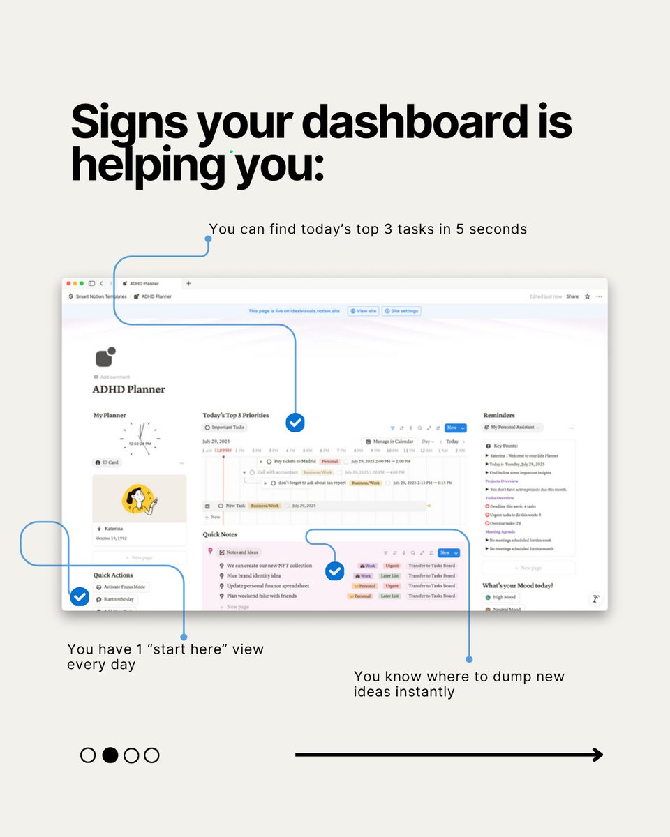 smart_notion's tweet image. If your Notion dashboard is built for productivity but feels like chaos… it’s time for an audit.
How does yours score?
💬 Drop 1–10 in the comments — I’ll reply with one actionable tip to make it ADHD-friendly.