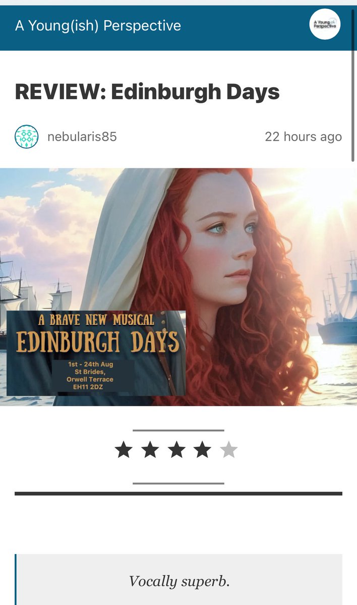 ‘Edinburgh Days is certainly worth a look this festival if you are in the mood for something vocally impressive &amp; beautifully musically arranged’

Here’s another ★★★★ review, this time from <a href="/YoungishPers/">A Young(ish) Perspective</a>. The world premiere continues until 24 Aug <a href="/edfringe/">Edinburgh Festival Fringe</a> #edinburghdays2025
