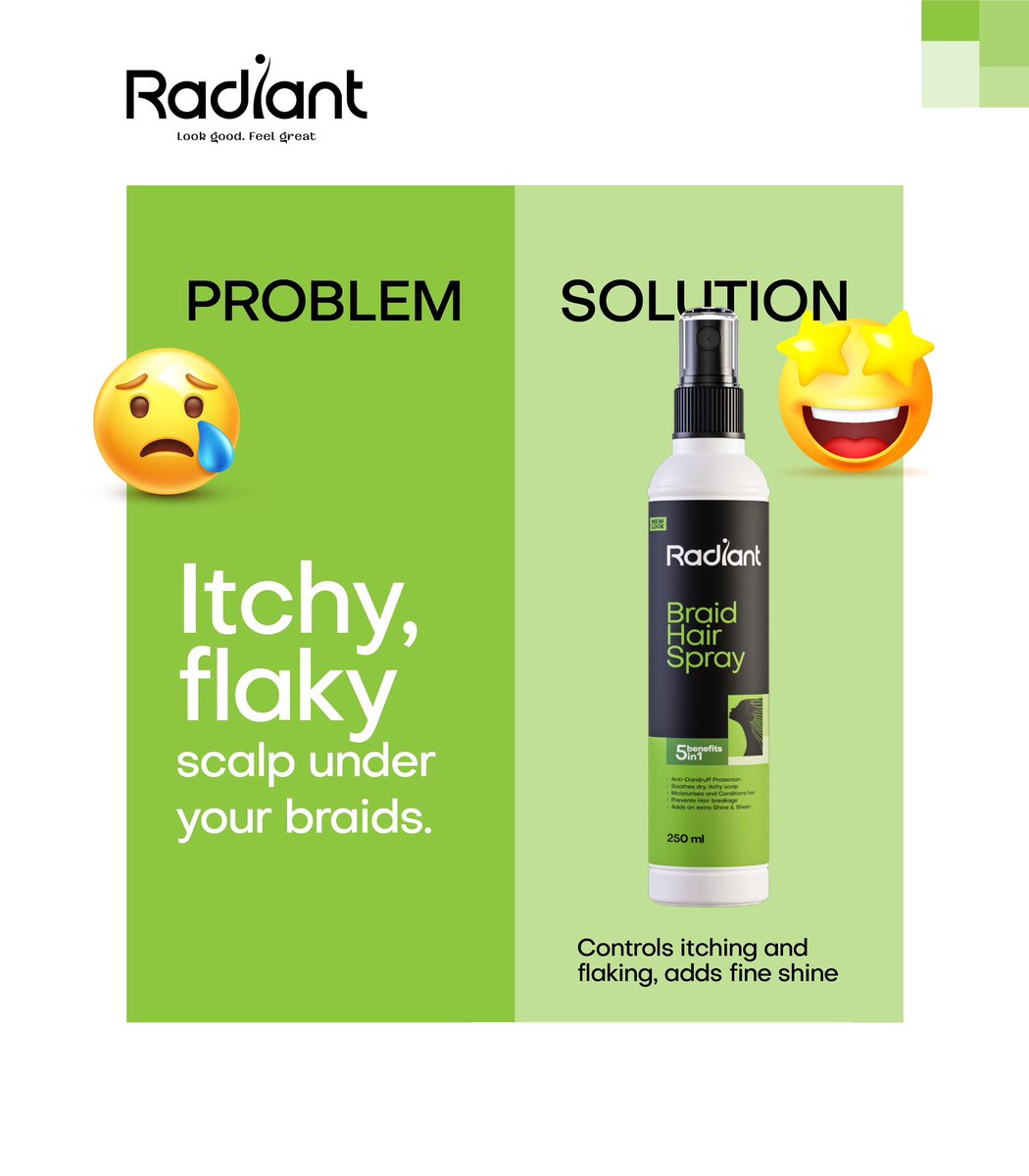 radiant_ug's tweet photo. Don't let an itchy scalp ruin your beautiful protective style. Our 5 in 1 Braid Spray is formulated to provide relief and keep your braids looking their best.

#LookGoodFeelGreat https://t.co/WNNd4RpvAh