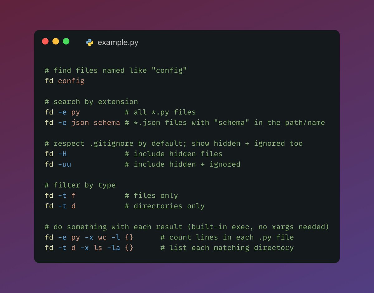 Jakeroid's tweet image. Tuesday is here. That means today we talk about #KnowYourTools.

Tried fd, a friendly drop-in for find. It’s fast, respects .gitignore, and has sane defaults.