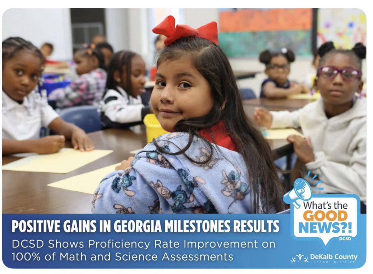 bsky.app/profile/dekalb…

📈 #DCSD made gains on 100% of math &amp; science Milestones tests! DCSD also outpaced the State in EOC growth — Algebra +8.0%, Physical Science +7.0%, U.S. History +4.7%.

📰 Full #DCSDNews article: bit.ly/413nU37

#TheDeKalbDifference💙🧡
