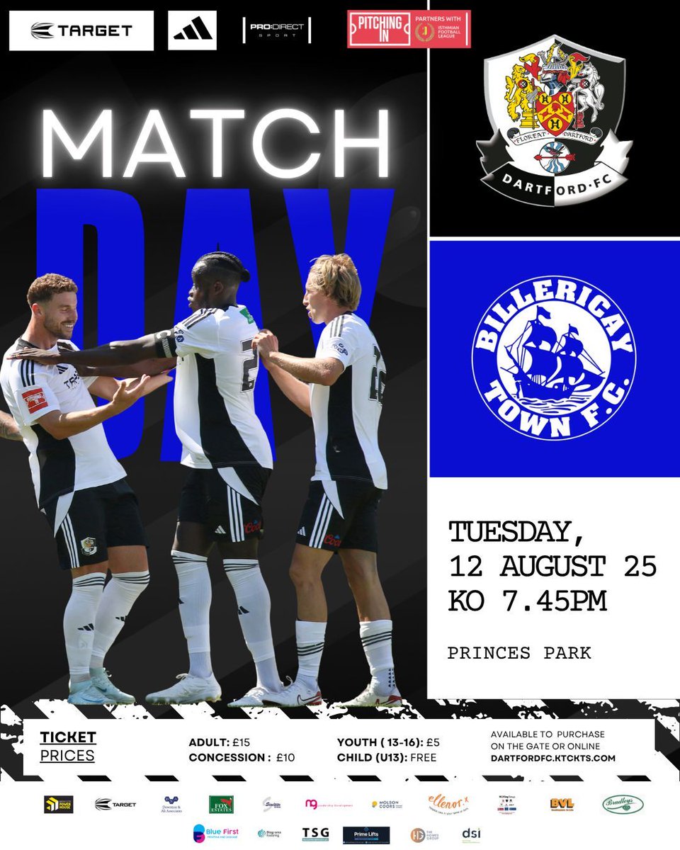 dartfordfc's tweet image. 𝐌𝐀𝐓𝐂𝐇𝐃𝐀𝐘 – 𝐃𝐚𝐫𝐭𝐟𝐨𝐫𝐝 𝐯 𝐁𝐢𝐥𝐥𝐞𝐫𝐢𝐜𝐚𝐲 𝐓𝐨𝐰𝐧 

⚽ | v Billericay Town
📍 | Princes Park
📆 | 12/08/25
🕒 | 7.45pm
🏆 | Isthmian Premier League
🎟️ | TICKETS available at the gate or online buff.ly/X19ZyZA

#dartsfc #dartfordfc Billericay Town FC