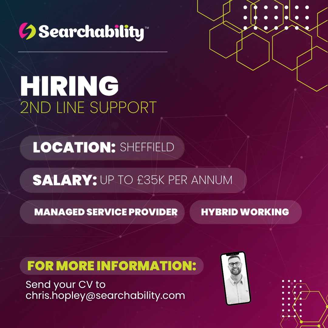BRAND NEW 2ND LINE SUPPORT OPPORTUNITY IN #SHEFFIELD – HYBRID WORKING

💷 Salary up to £35,000 p/a plus benefits
💻 Opportunity to work with leading technologies within a growing MSP
🏠 Hybrid working – 2 days in the Sheffield office, 3 days from home Late shift working Monday to