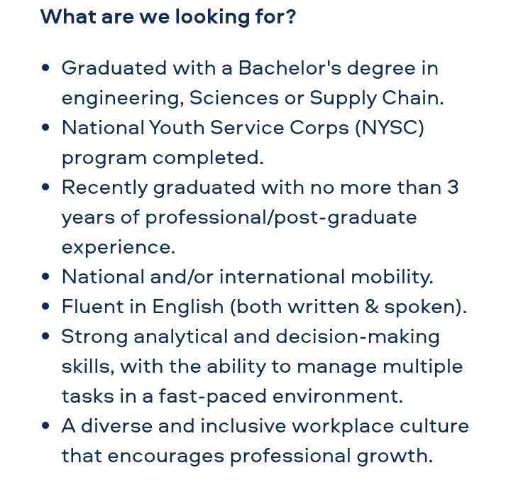 tohire_ng's tweet photo. British American Tobacco (BAT) Global Graduate Programme - Operations

What are we looking for?
•Graduated with a Bachelor's degree in engineering, Sciences or Supply Chain.
•National Youth Service Corps (NYSC) program completed.
•Recently graduated with no more than 3 years of professional/post-graduate experience.
•National and/or international mobility.
•Fluent in English (both written & spoken).
•Strong analytical and decision-making skills, with the ability to manage multiple tasks in a fast-paced environment.
•A diverse and inclusive workplace culture that encourages professional growth.

Apply 👇 
https://t.co/aszaZPi8tw