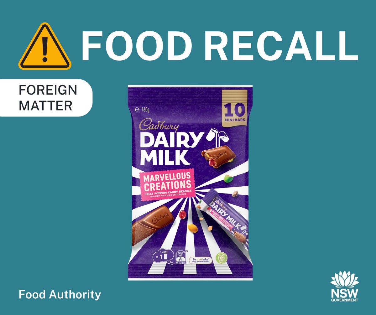 #Recall: Cadbury Australia is recalling Cadbury Dairy Milk Marvellous Creations Jelly Popping Candy Beanies 10 piece share bag 160g due to foreign matter (plastic). Date marking 21.05.2026. Sold nationally. See: foodauthority.nsw.gov.au/news/recalls/c…