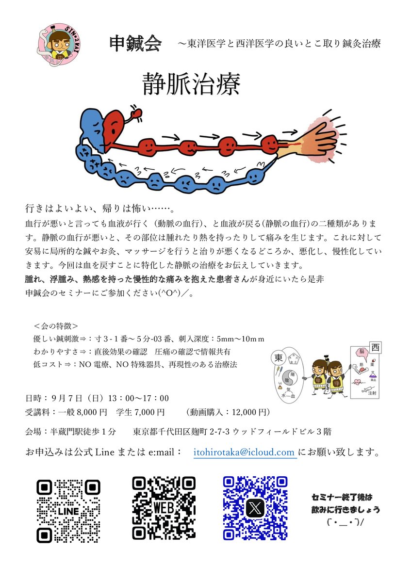 9月７日の鍼灸セミナー案内完成しました！今回のテーマは静脈！