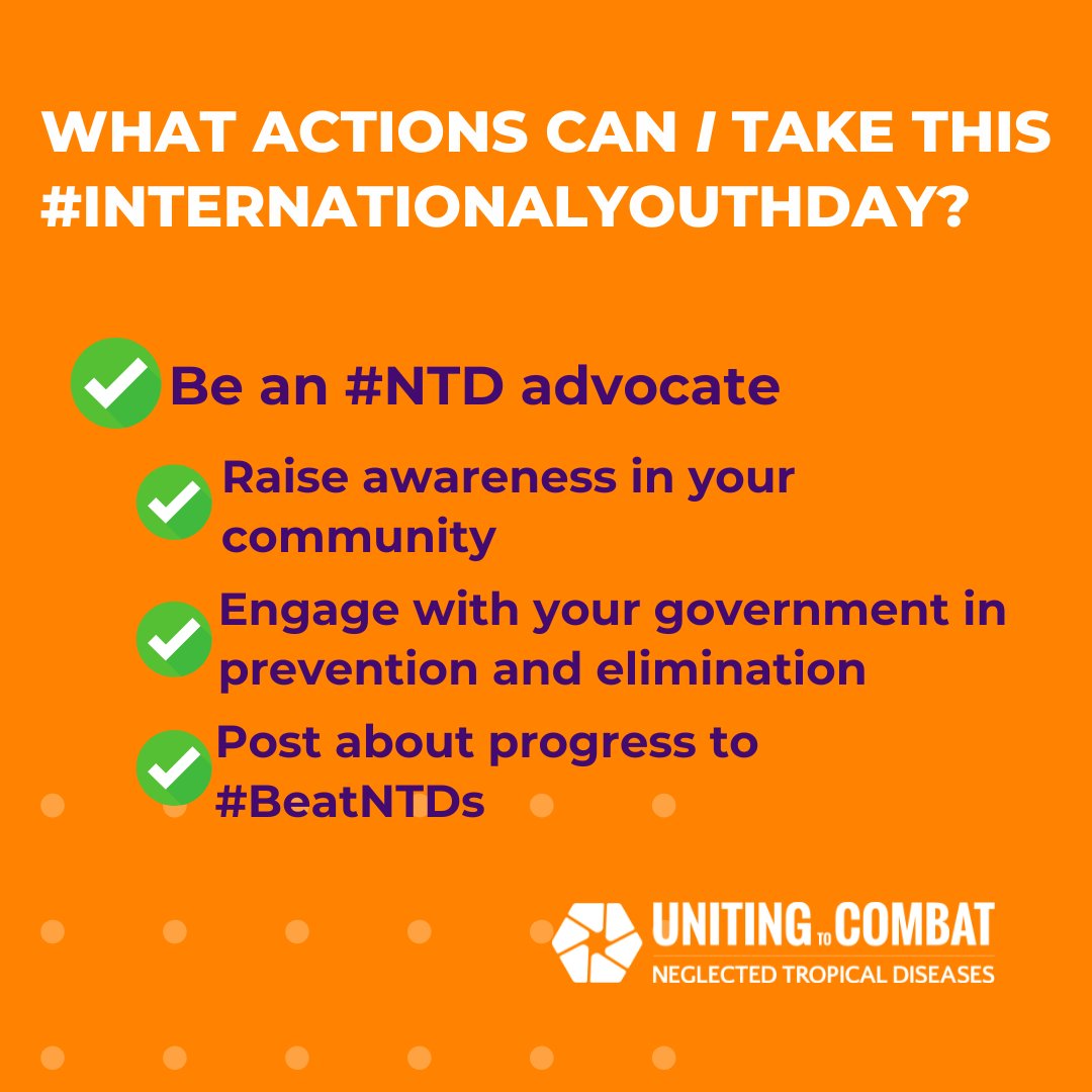 You’re asking: “What can I do this #InternationalYouthDay?”
Here’s how you can be a changemaker:
✅ Be an #NTD advocate
✅ Raise awareness in your community
✅ Engage your government
✅ Post about progress to #BeatNTDs
Your voice matters. Use it. 🌍💪
🔗 bit.ly/3Hvy71z